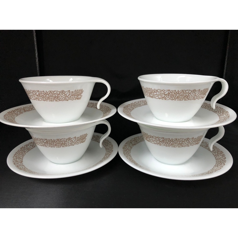 Vtg Corelle Woodland Brown Cup/Saucer Set of 4 Hook Handle Corning Glass 1978